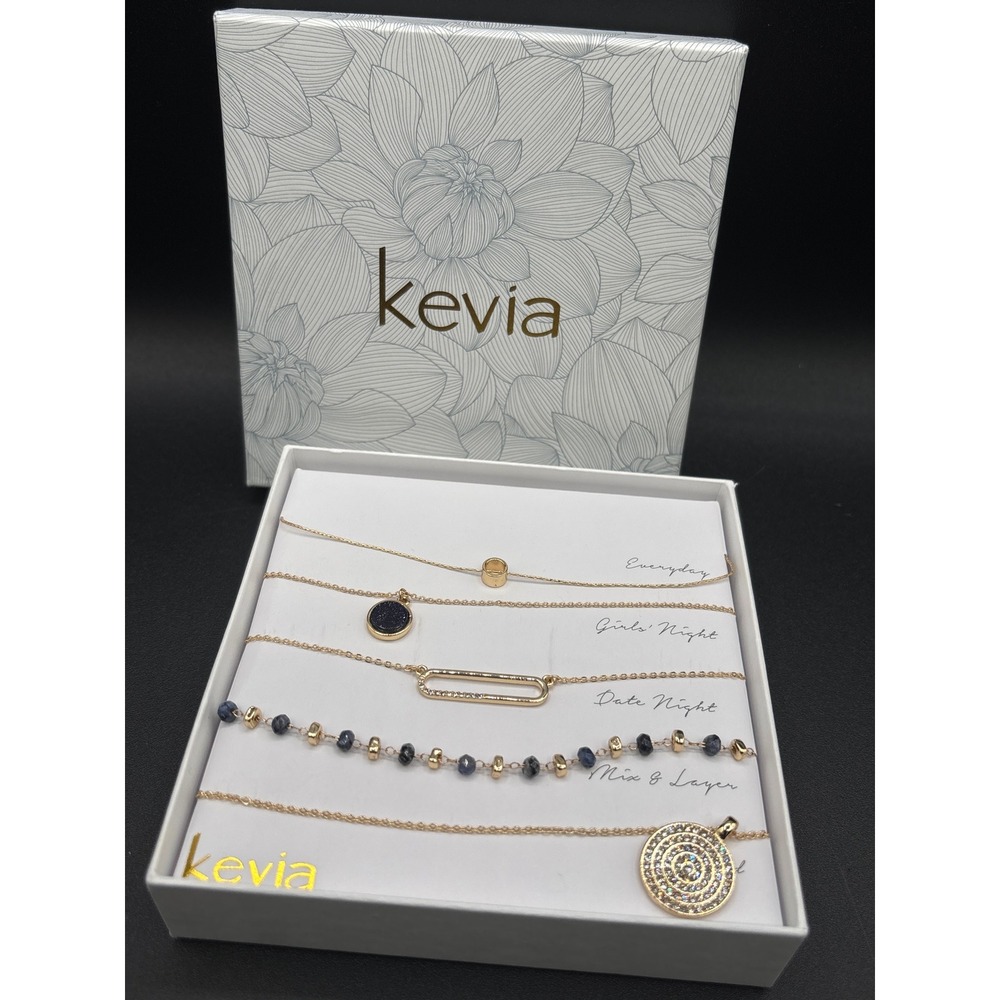 Kevia Viviana 5 Piece Necklace Set Gold Tone Blue Druzy Crystal Layering New Box